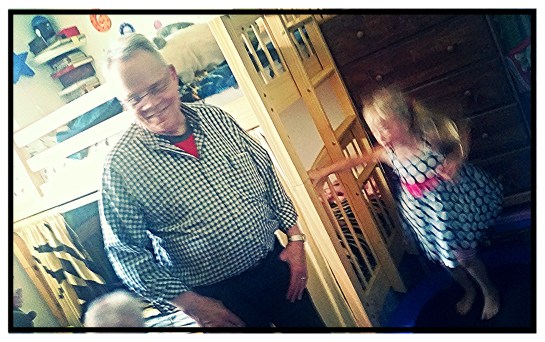 Dad is amazed how "long" the children can trampoline